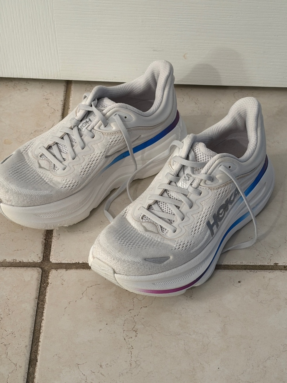 Hoka White Women's Athletic Shoes with Blue and Purple Trim